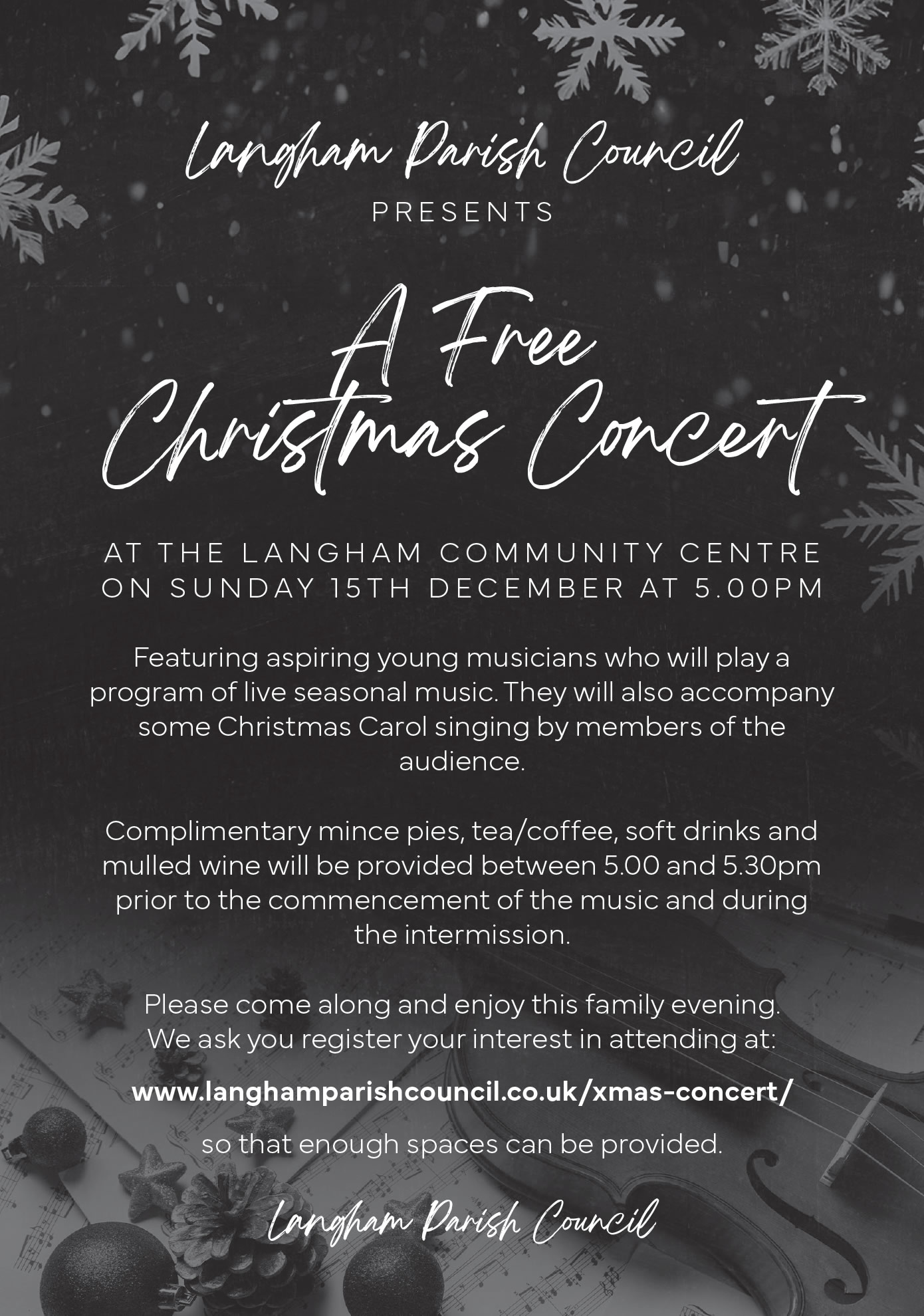 Langham Parish Council presents A Free Chritmas Concert at the Langham Community Centre on Sunday 15th December at 5pm